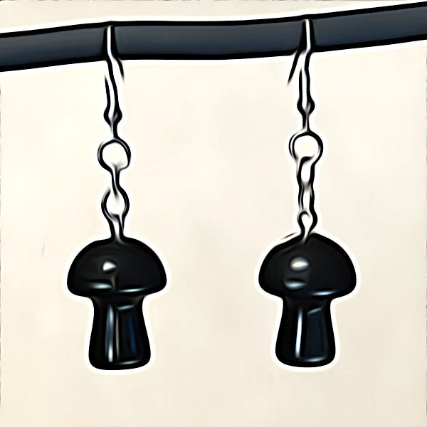 Black Obsidian Crystal Mushroom Earrings