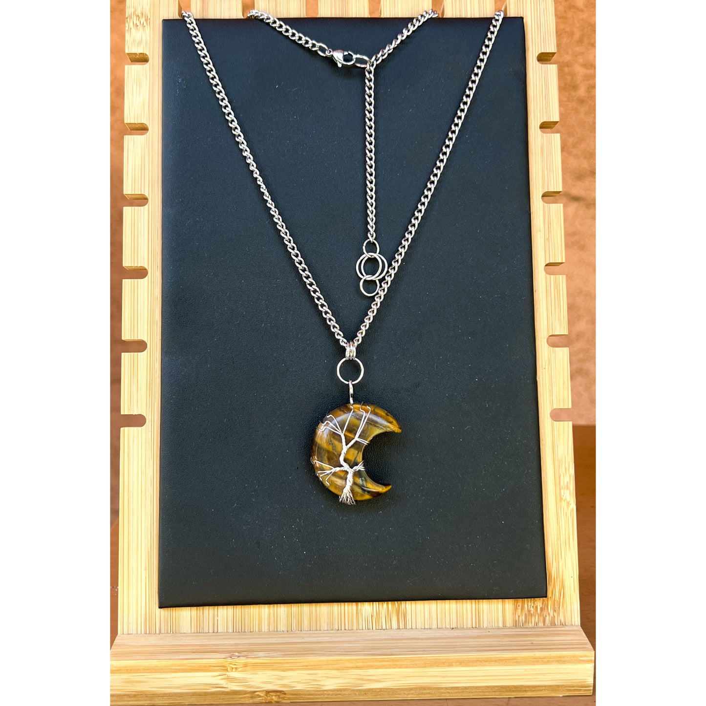 Tigers Eye Moon Crystal w/ Silver wrapped Tree of Life on 21" Stainless Steel Necklace