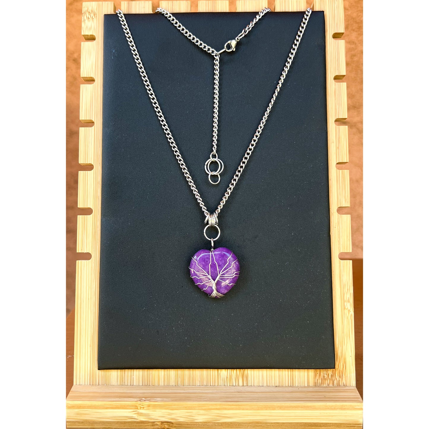 Amethyst Heart Crystal w/ Silver wrapped Tree of Life on 21" Stainless Steel Necklace