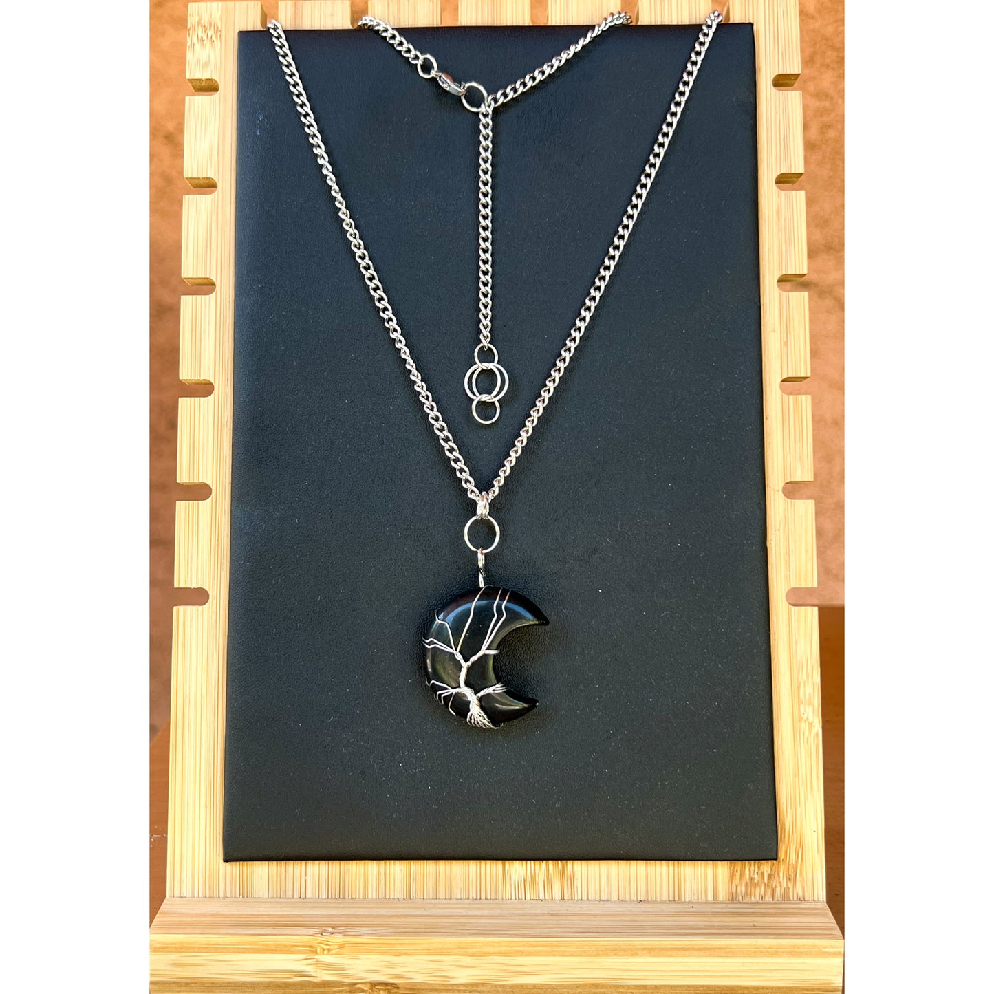 Black Obsidian Moon Crystal w/ Silver wrapped Tree of Life on 21" Stainless Steel Necklace