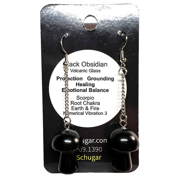 Black Obsidian Crystal Mushroom Earrings