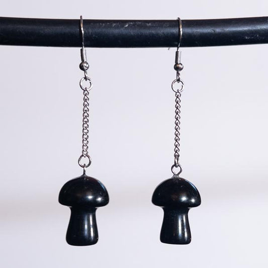 Black Obsidian Crystal Mushroom Earrings