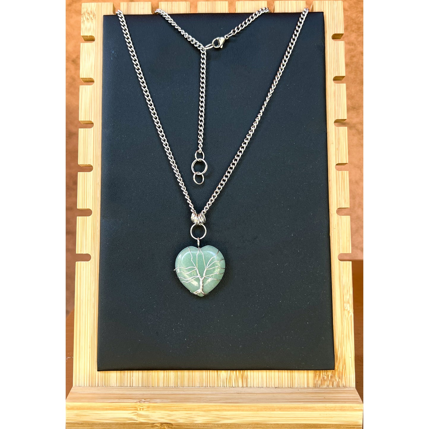 Green Aventurine Heart Crystal w/ Silver wrapped Tree of Life on 21" Stainless Steel Necklace