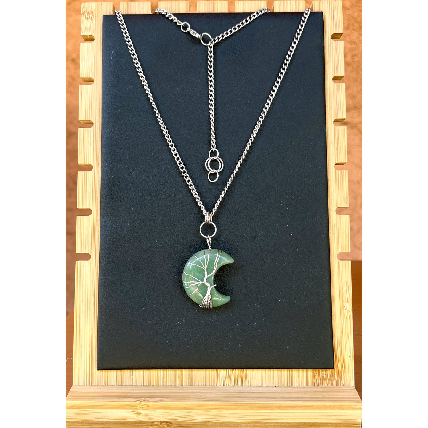 Green Aventurine Moon Crystal w/ Silver wrapped Tree of Life on 21" Stainless Steel Necklace